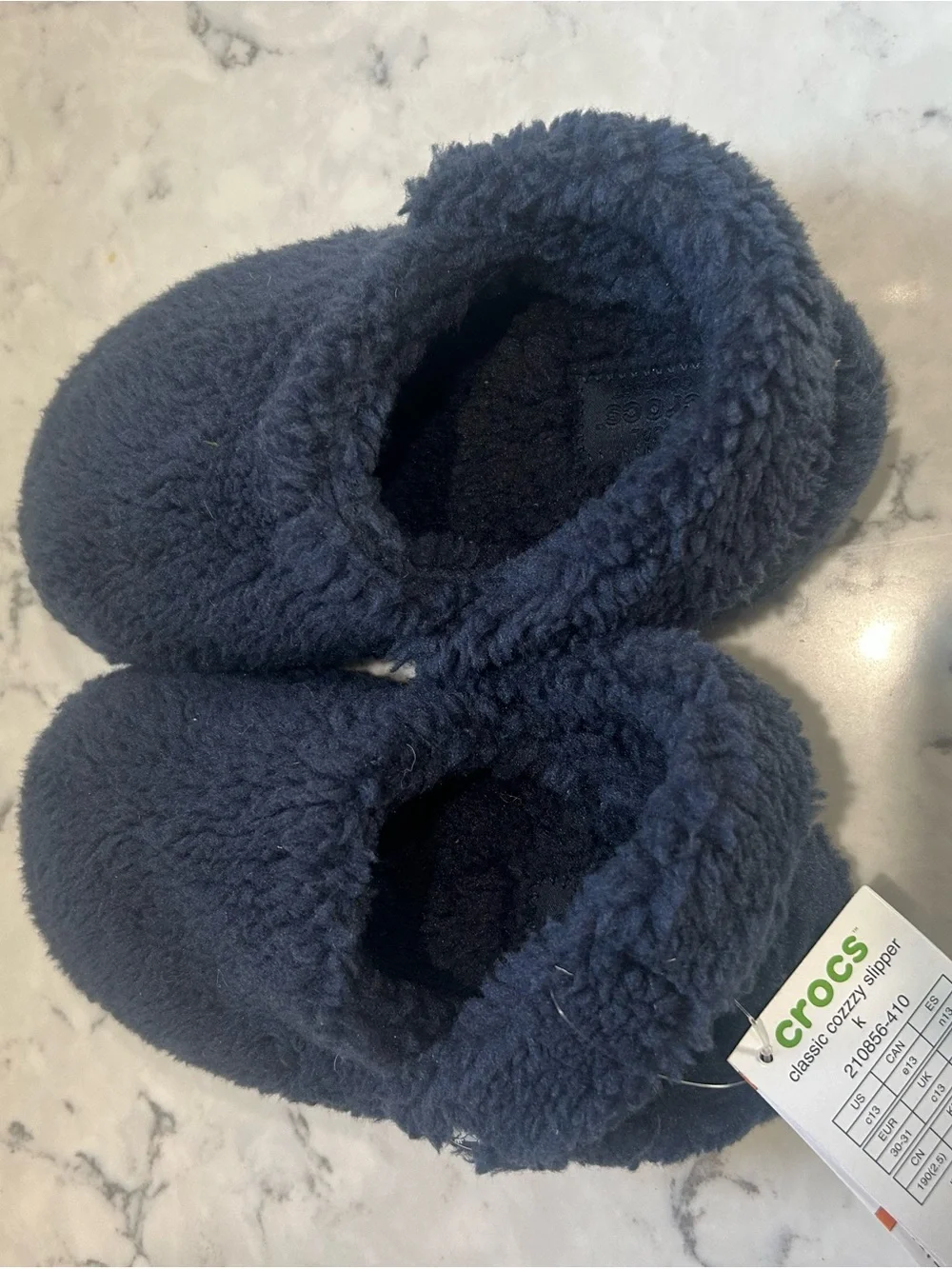 CROCS Kids Plush Fuzzy Slip-On Slippers — Navy
